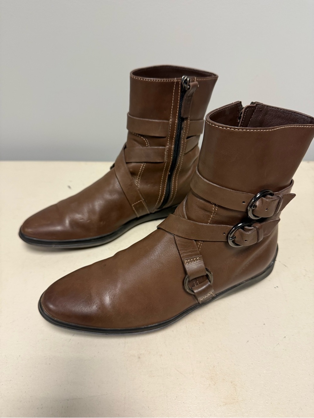 Tod's Brown Leather Ankle Boots with Buckle Straps